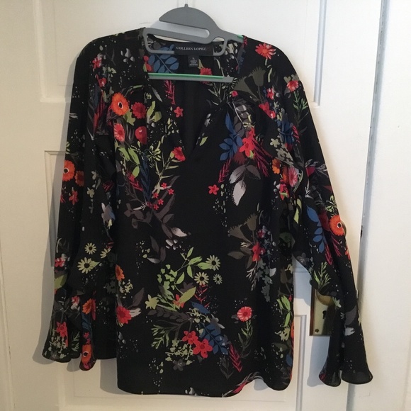 Colleen Lopez Flutter Sleeve Top Black Floral XL - Picture 1 of 6